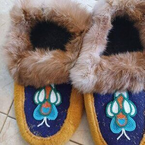 Handmade beaded moccasins with rabbit fur trim